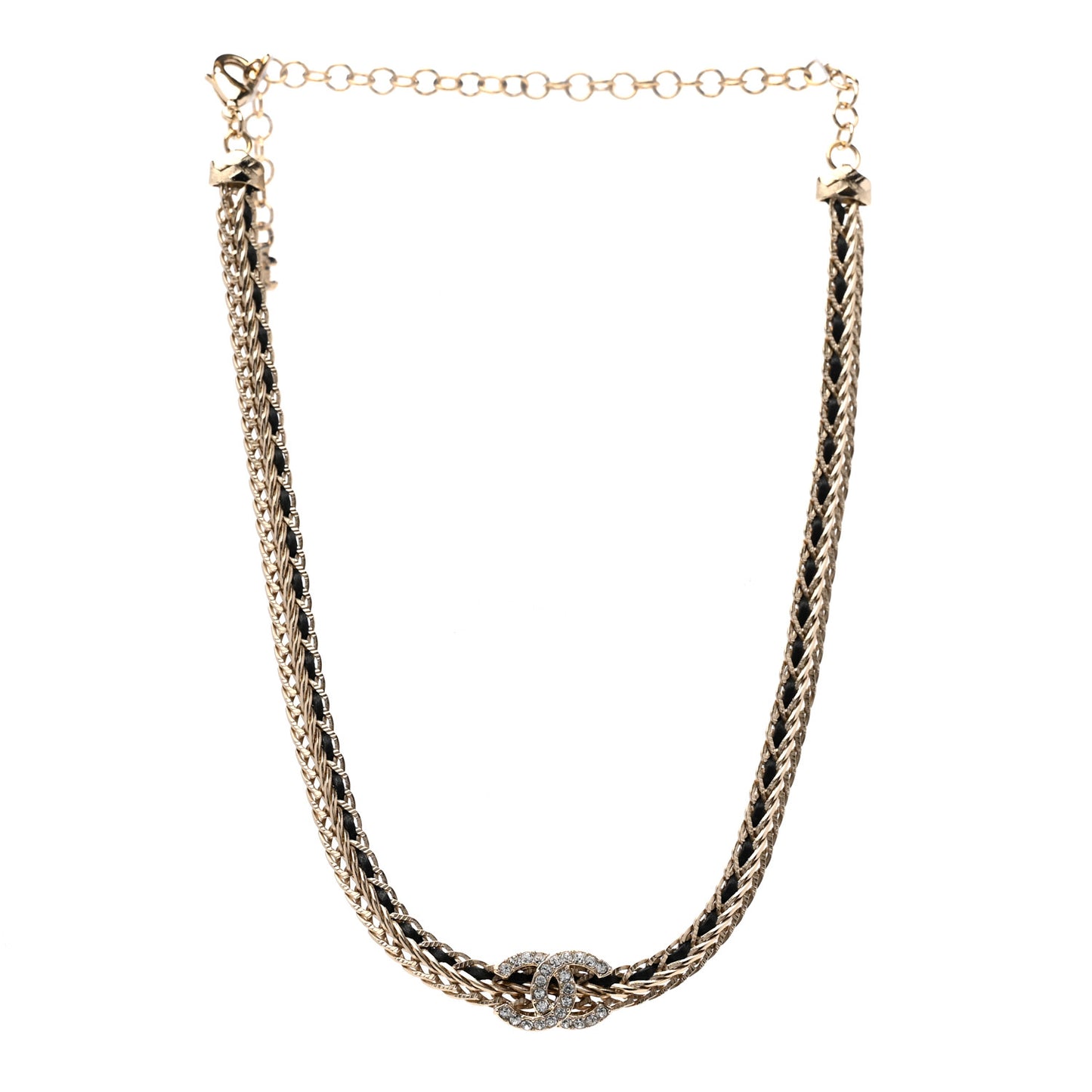 Metal Lambskin Crystal Chain CC Necklace Black Gold