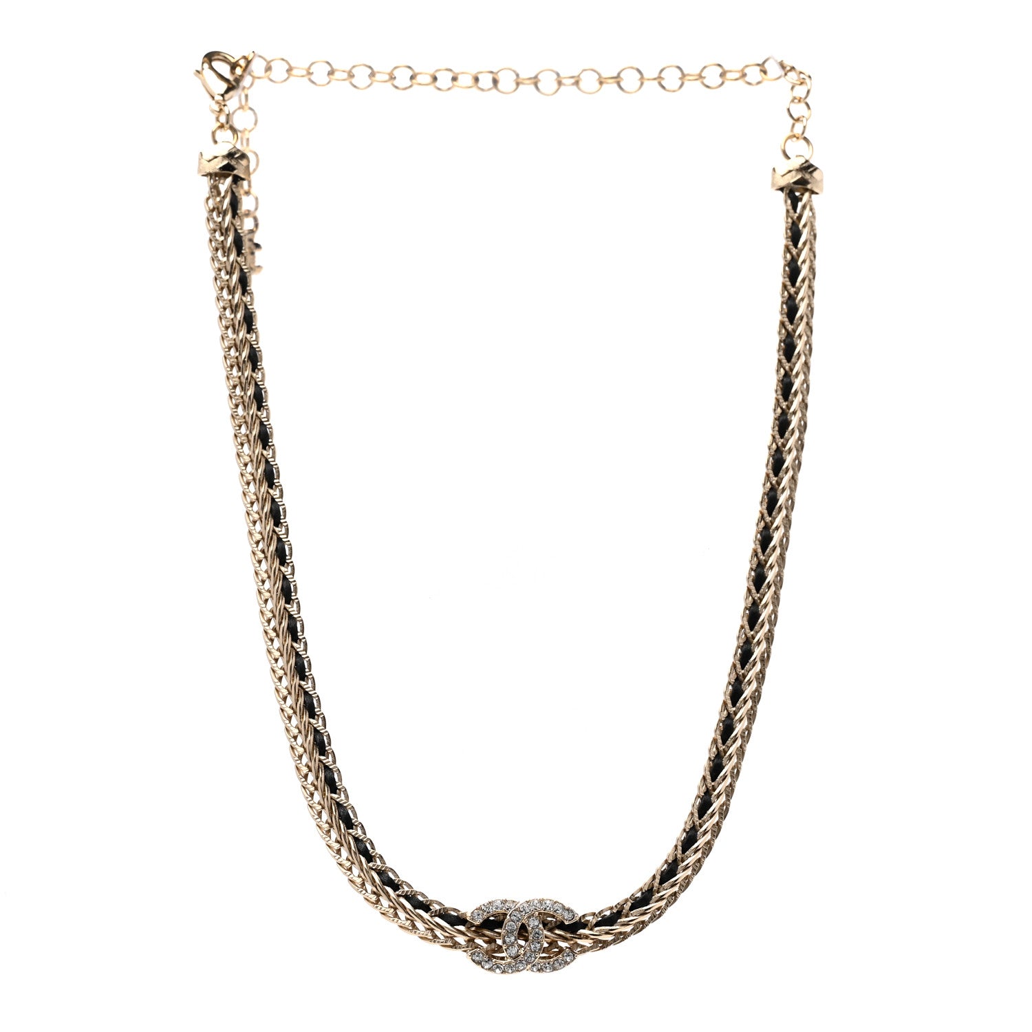 Chanel Metal Lambskin Crystal Chain CC Necklace Black Gold 3 of 6