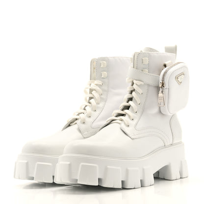 Prada Spazzolato Rois Re-Nylon Metal Triangle Logo Monolith Pouch Pocket 55mm Boots 40 White 4 of 13