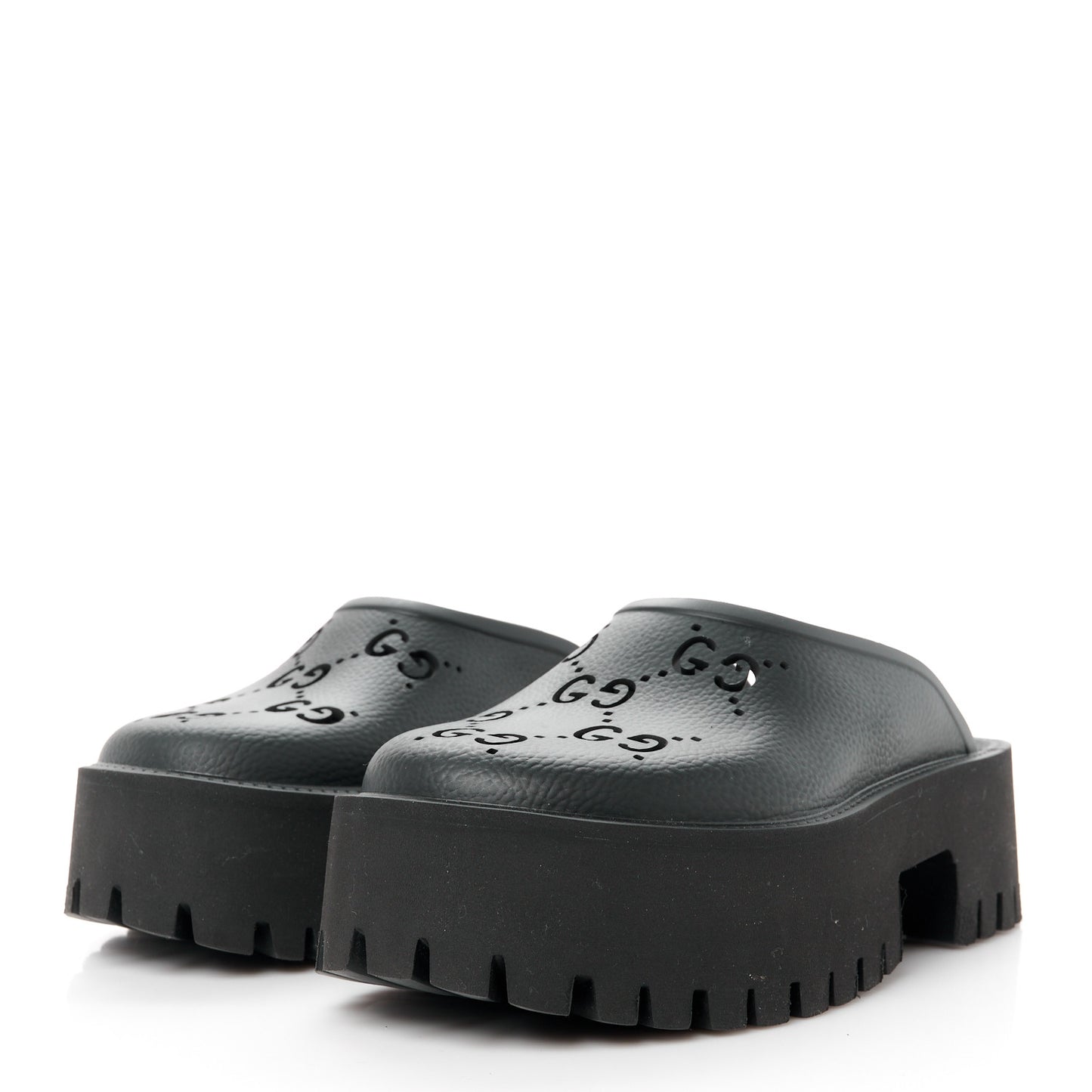 Rubber GG Monogram Perforated Elea Platform 55mm Lug Sole Sandals 36 Black