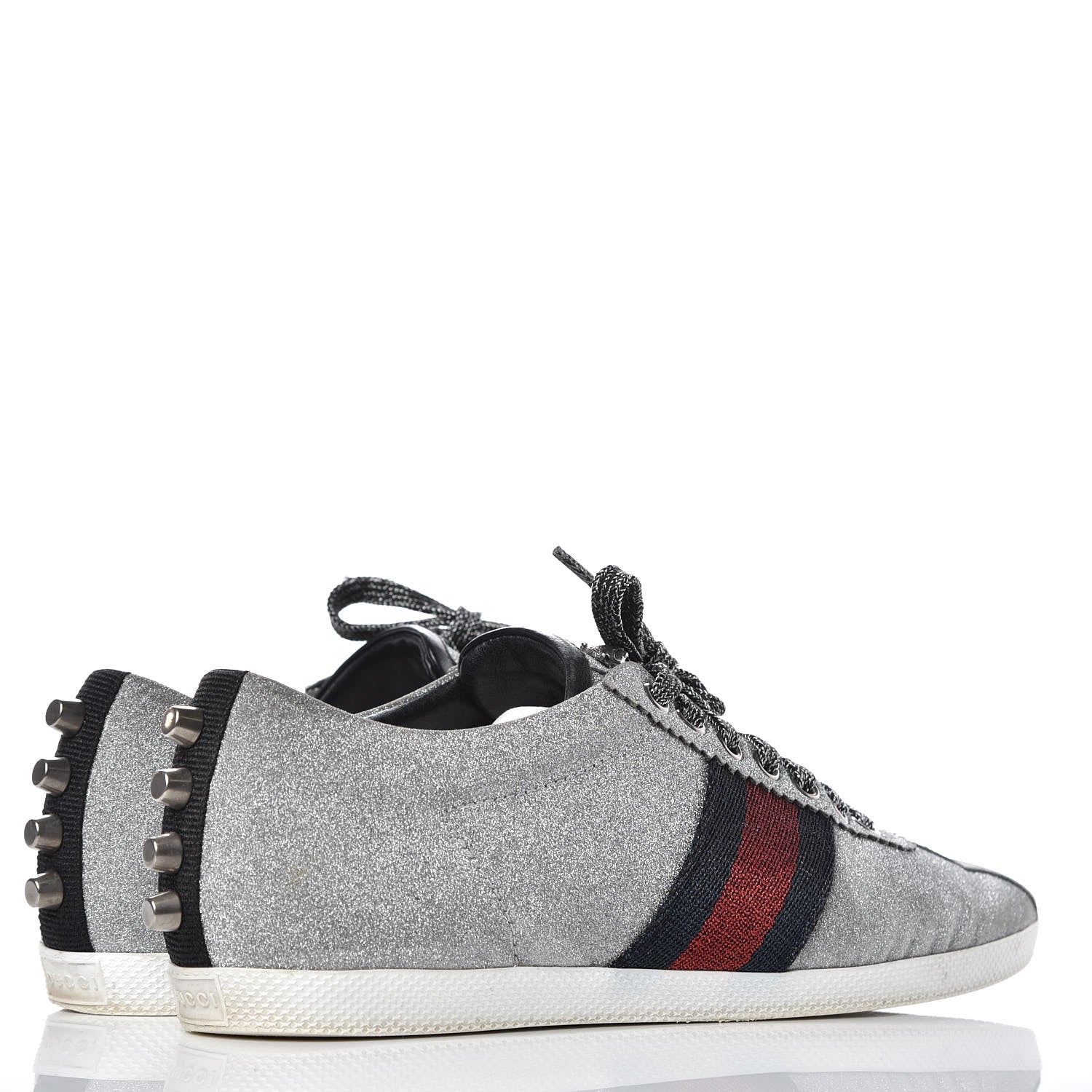 Gucci Glitter Fabric Studded Womens Web Sneakers 38.5 Silver 4 of 13