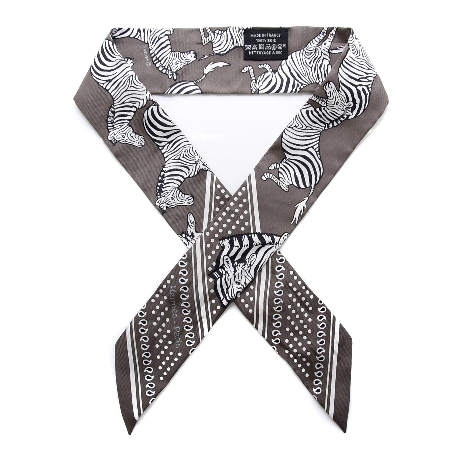 Hermes Silk Les Zebres Twilly Gris Taupe Black White 1 of 4