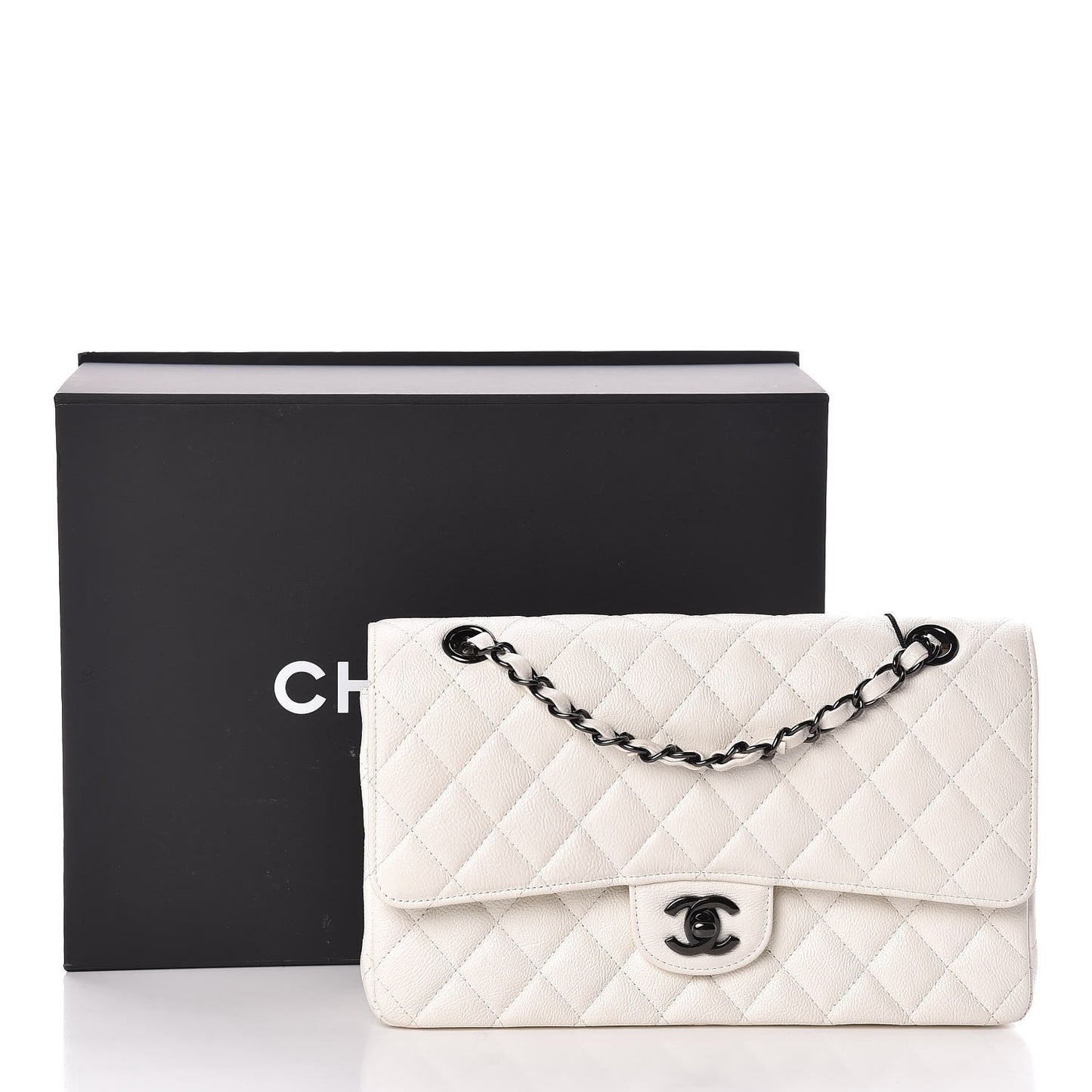 Grained Calfskin Quilted Medium Double Flap White
