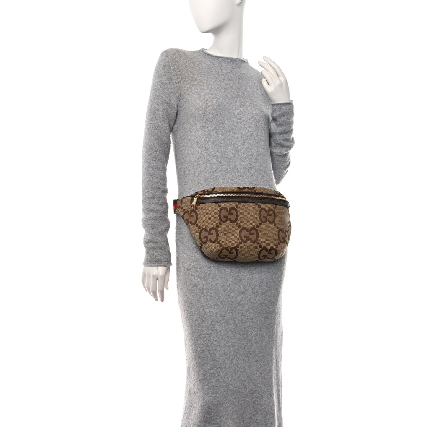 Monogram Jumbo GG Textured Dollar Calfskin Web Belt Bag Camel Ebony New Acero