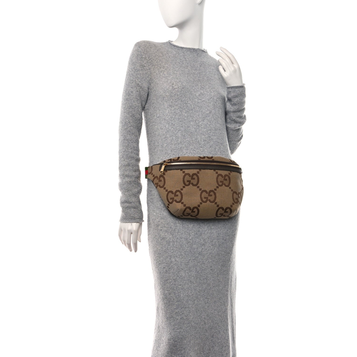 Gucci Monogram Jumbo GG Textured Dollar Calfskin Web Belt Bag Camel Ebony New Acero 2 of 9