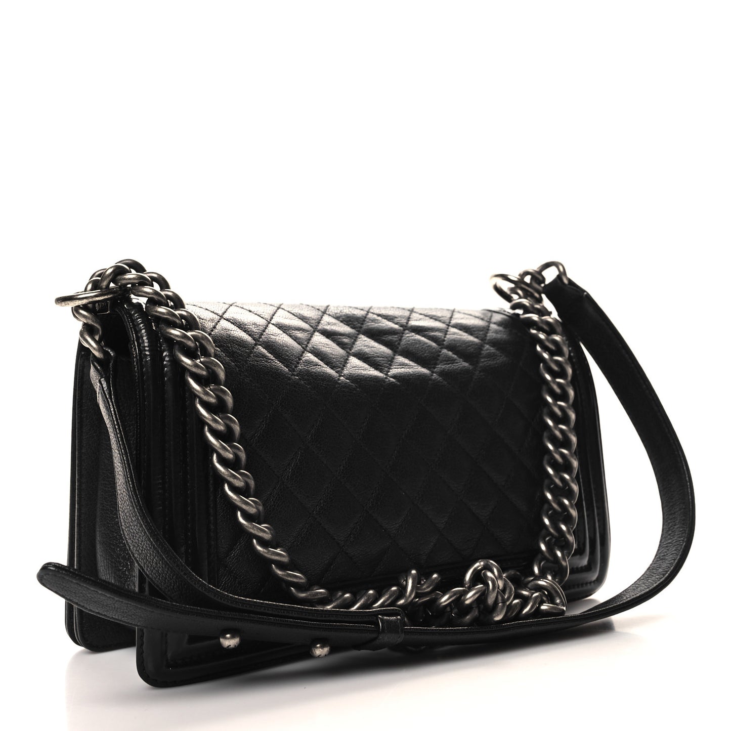 Goatskin Quilted Patent Medium Duo Boy Flap Black