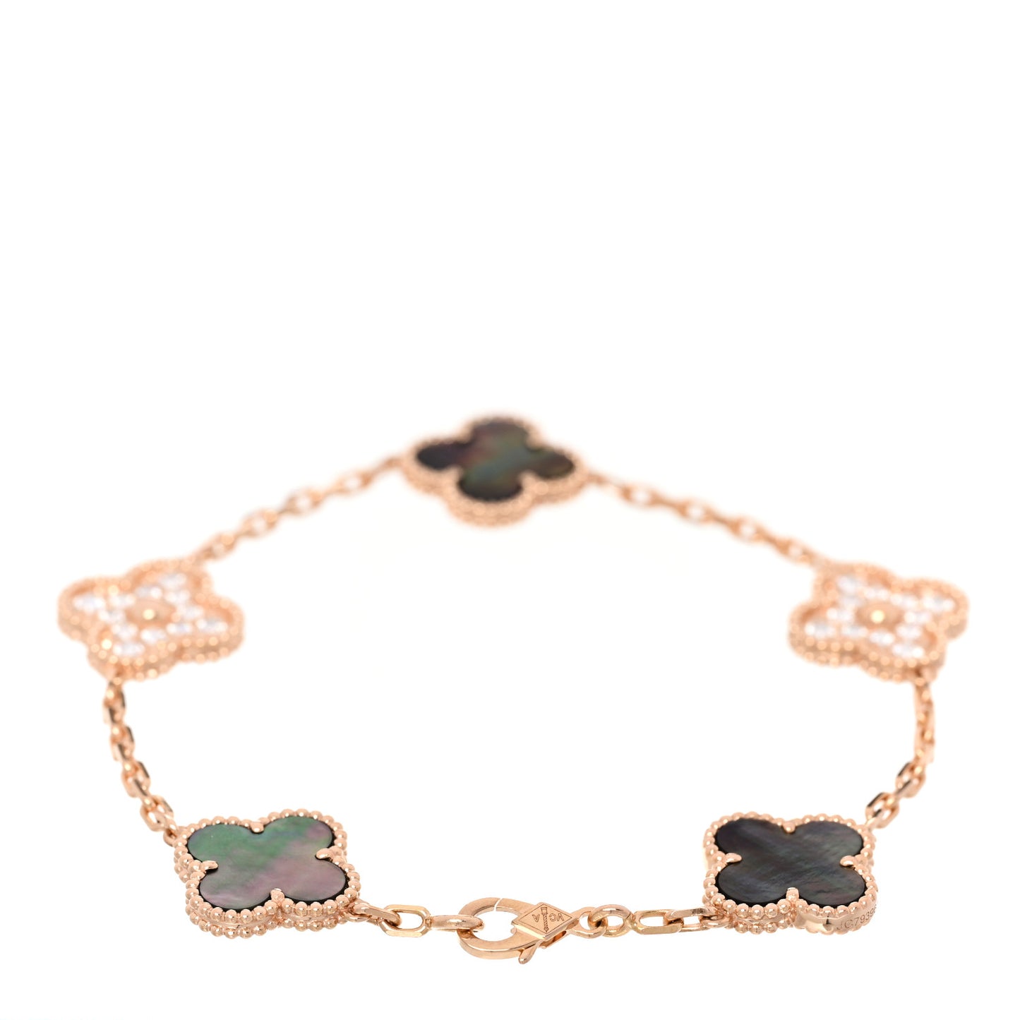 18K Rose Gold Diamond Gray Mother of Pearl 5 Motifs Vintage Alhambra Bracelet