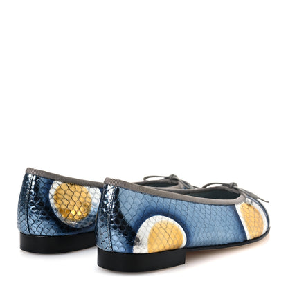 Chanel Snakeskin Patent Calfskin Cap Toe CC Ballerina Flats 37.5 Blue Multicolor 5 of 13