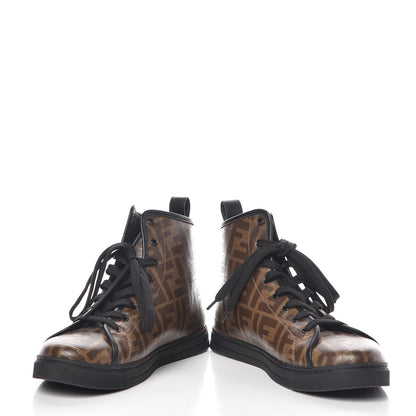 Fendi Glazed Fabric FF 1974 Stamp Patch High Top Sneakers 38.5 Mogano Panna Black 5 of 12