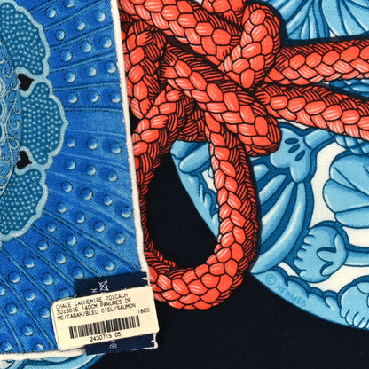 Hermes Cashmere Silk Parures De Samourais Shawl 140 Caban Bleu Ciel Saumon 3 of 3