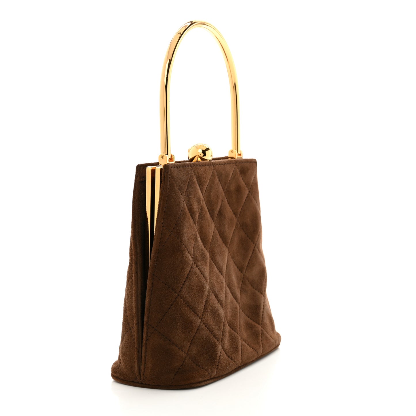 Suede Quilted Kisslock Top Handle Clutch Brown