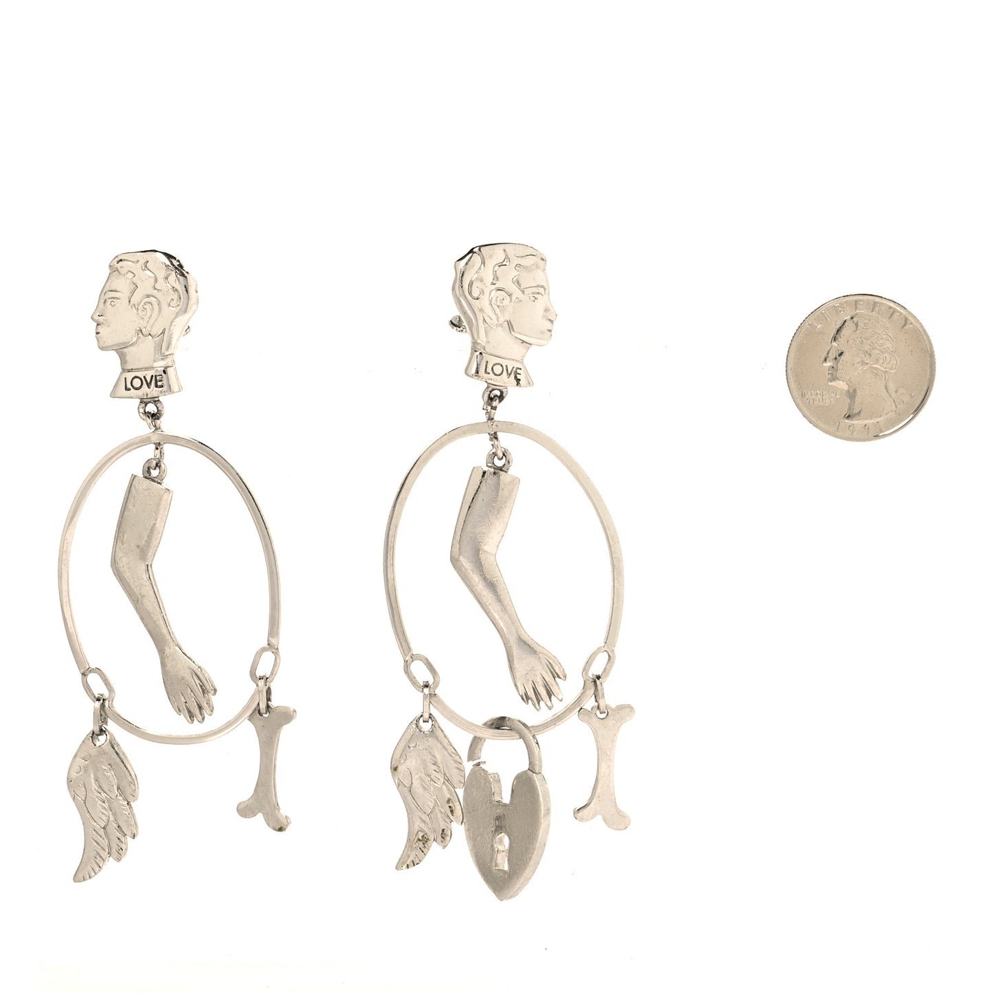 Metal Multi Charm Oval Clip On Drop Earrings Silver
