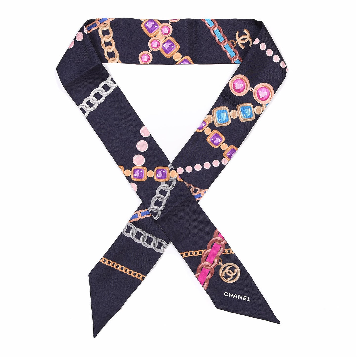 Silk Pearl CC Chain Slim Bandeau Scarf Navy Blue