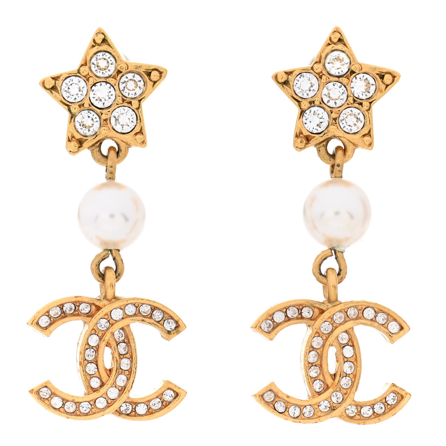 Chanel Crystal Pearl CC Star Drop Earrings Gold 1 of 5