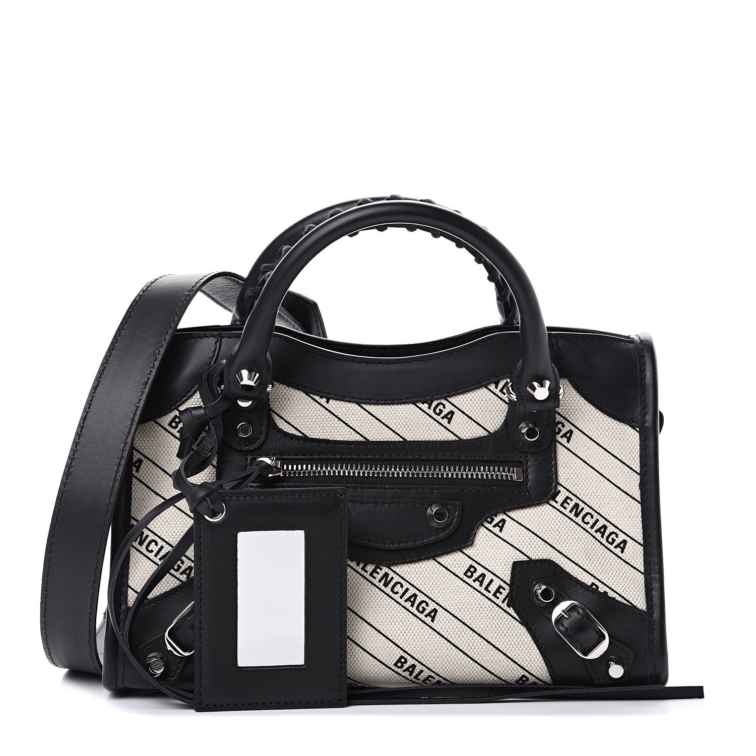 Balenciaga Canvas Satin Calfskin Diagonal Allover Logo Print Classic Silver Hardware Mini City Natural Black 1 of 9