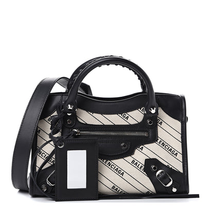 Balenciaga Canvas Satin Calfskin Diagonal Allover Logo Print Classic Silver Hardware Mini City Natural Black 1 of 9