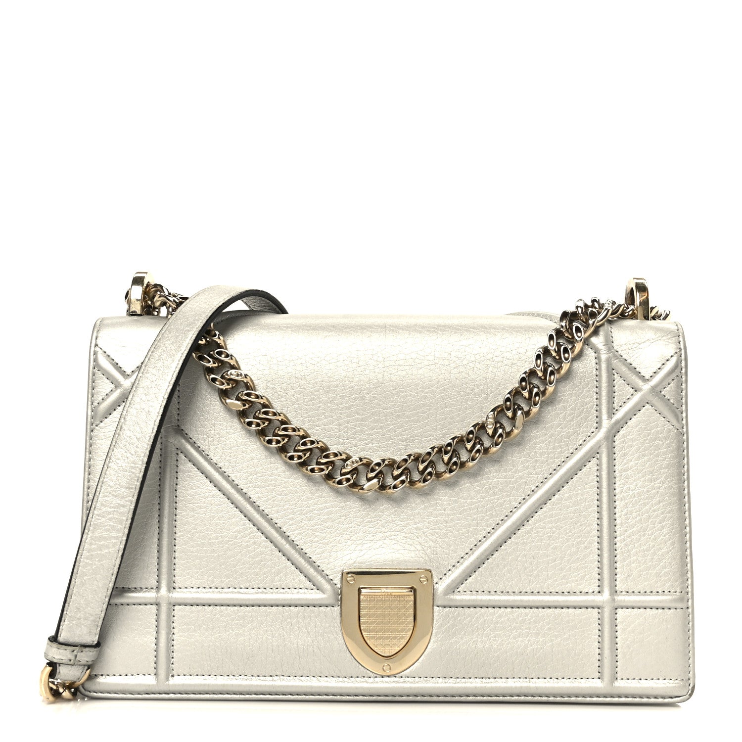 Christian Dior Metallic Grained Calfskin Medium Diorama Flap Bag Silver 1 of 10