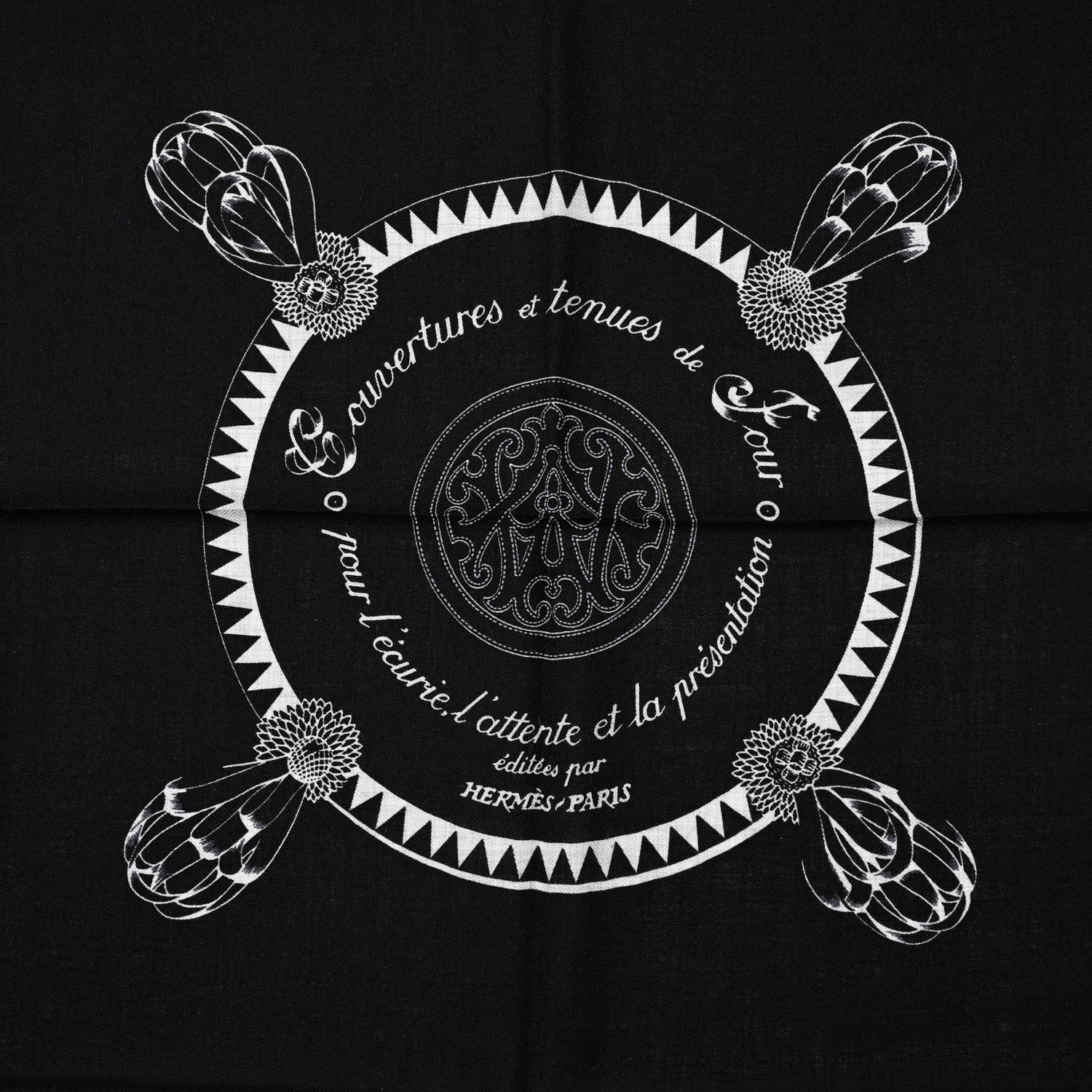 Hermes Cashmere Silk Encadre Blason Scarf 90 Black Gris Clair 3 of 4