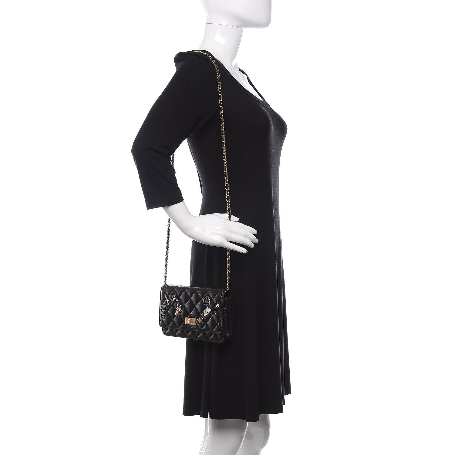 Chanel Aged Calfskin Quilted Lucky Charms 2.55 Reissue Wallet On Chain WOC Black 2 of 12