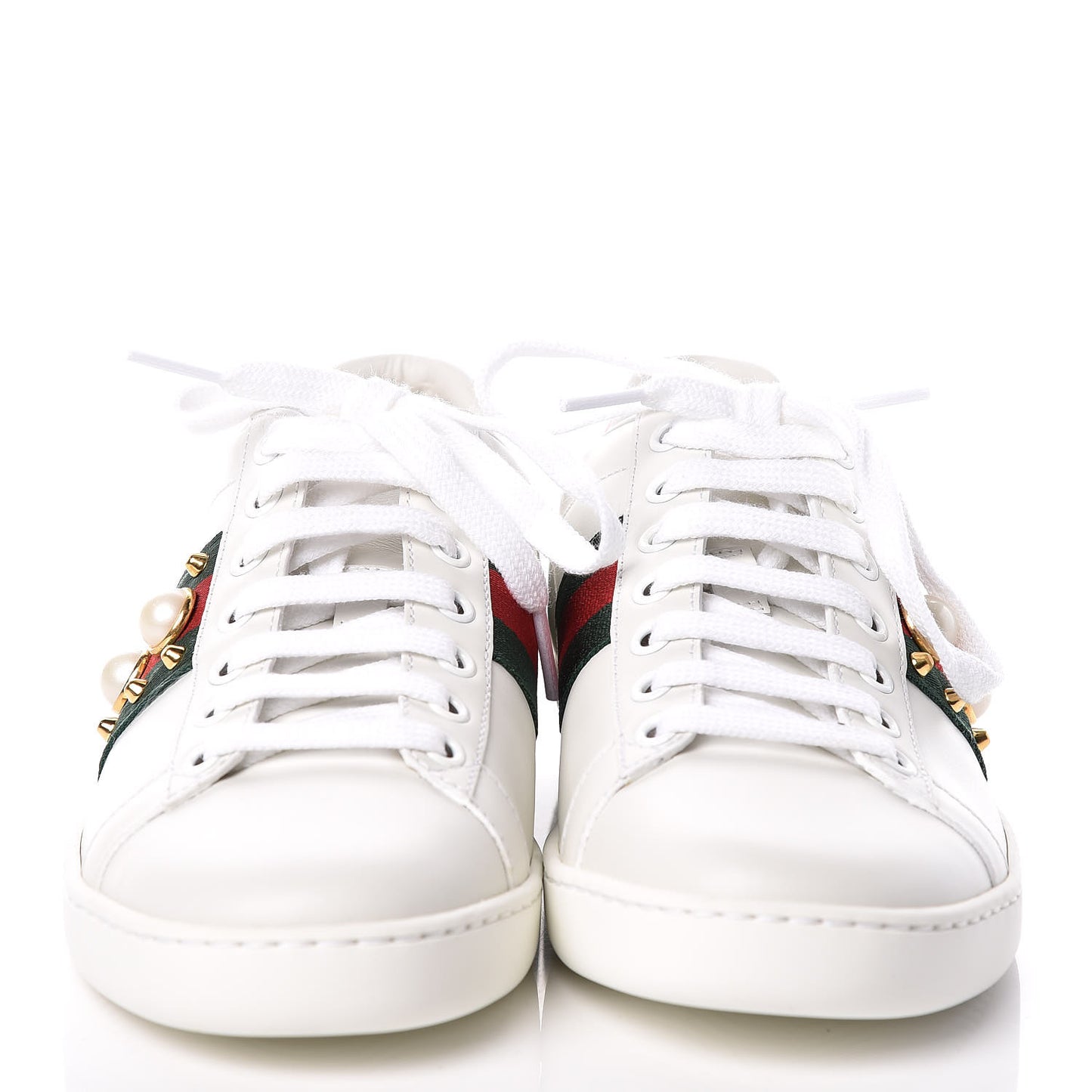 Calfskin Web Pearl Studded Womens Ace Sneakers 35.5 White