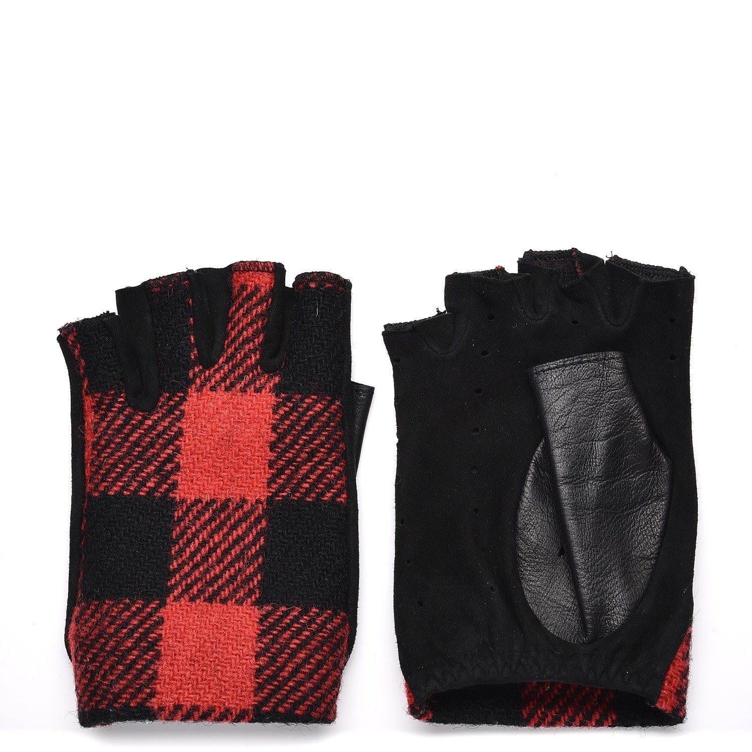 Chanel Wool Suede Plaid Fingerless CC Gloves 7 Red Black 1 of 6