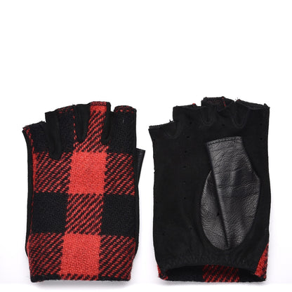 Chanel Wool Suede Plaid Fingerless CC Gloves 7 Red Black 1 of 6