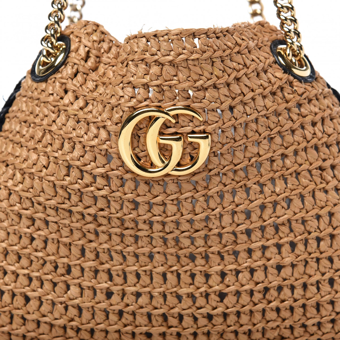 Raffia Effect Medium GG Marmont Shoulder Tote Bag Natural Black