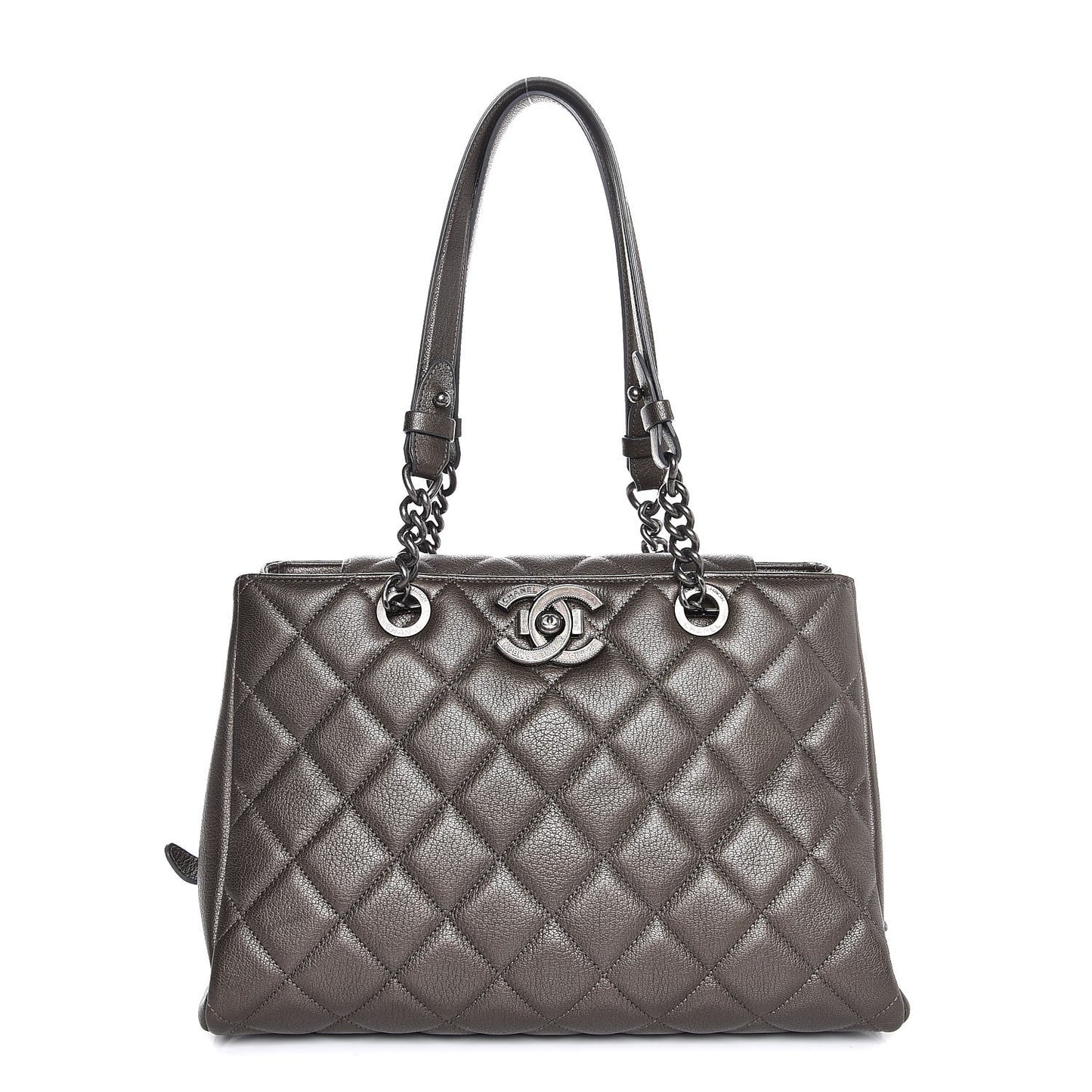 Metallic Goatskin Quilted Large City Rock Shopping Bag Silver