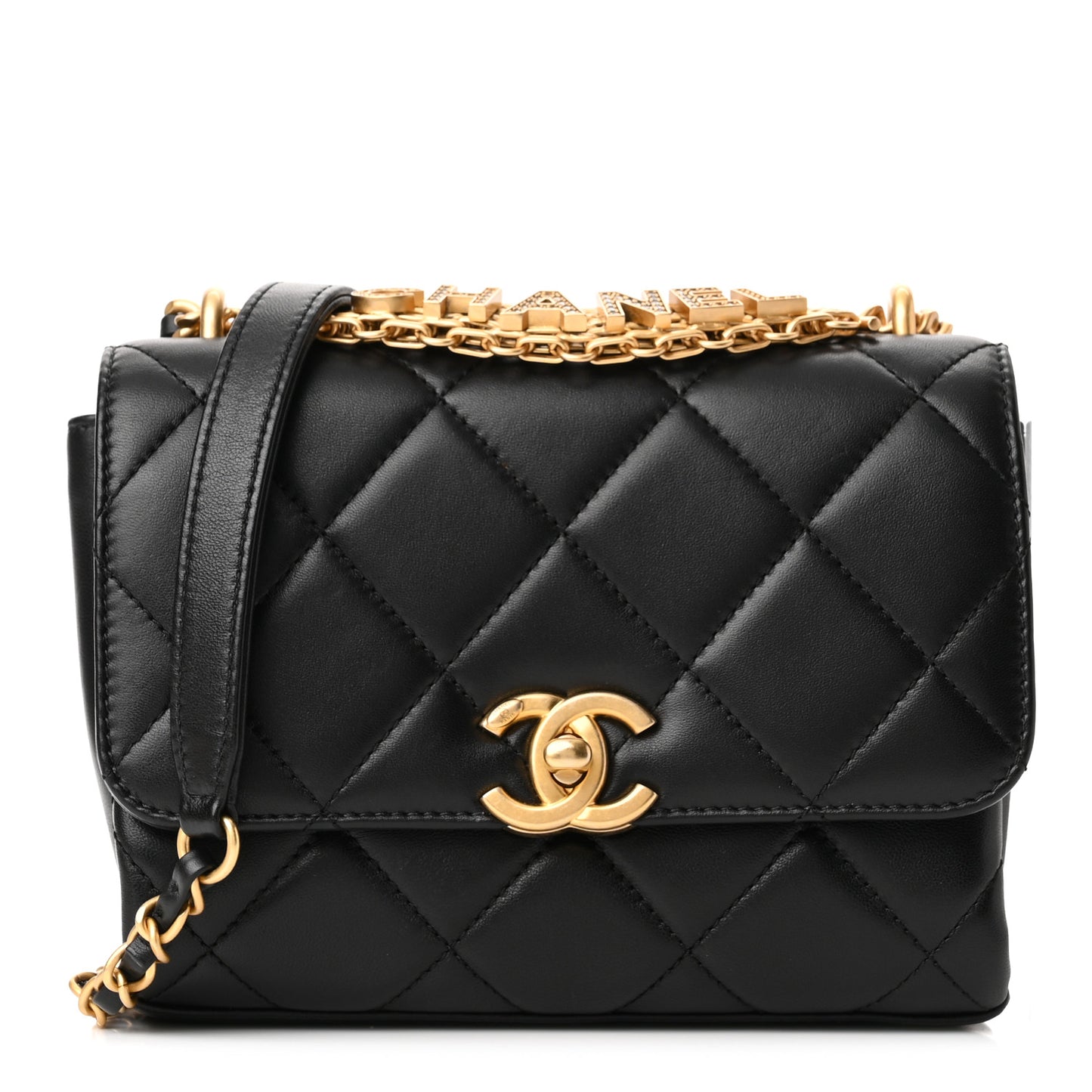 Lambskin Quilted Mini CC Crystal Logo Chain Flap Black
