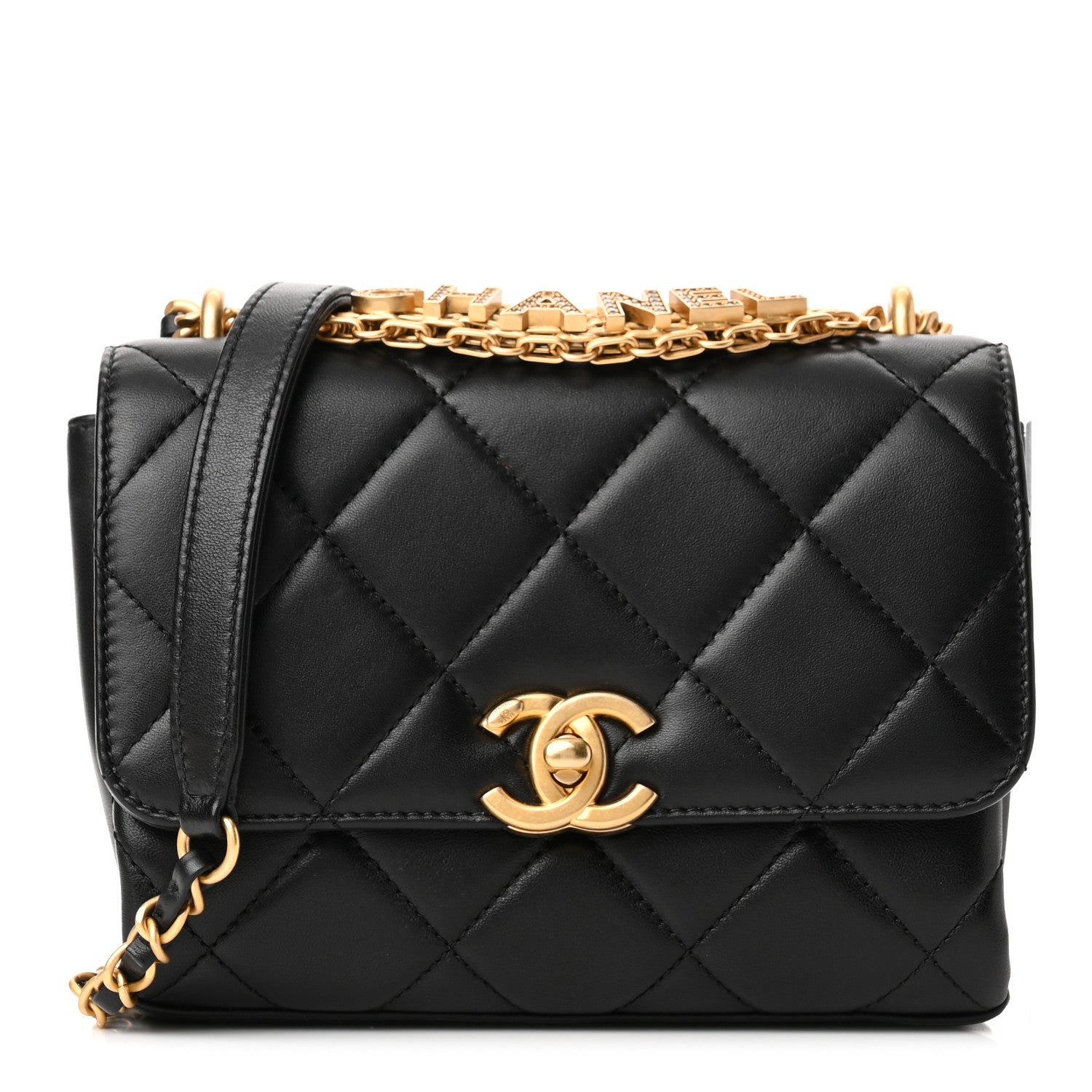 Chanel Lambskin Quilted Mini CC Crystal Logo Chain Flap Black 1 of 11
