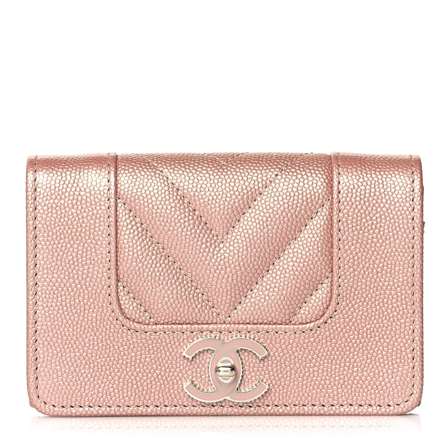 Chanel Metallic Caviar Chevron Quilted Vintage Mademoiselle Flap Card Holder Pink 1 of 9
