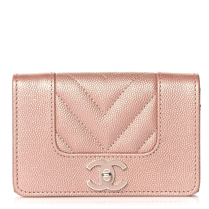 Chanel Metallic Caviar Chevron Quilted Vintage Mademoiselle Flap Card Holder Pink 1 of 9