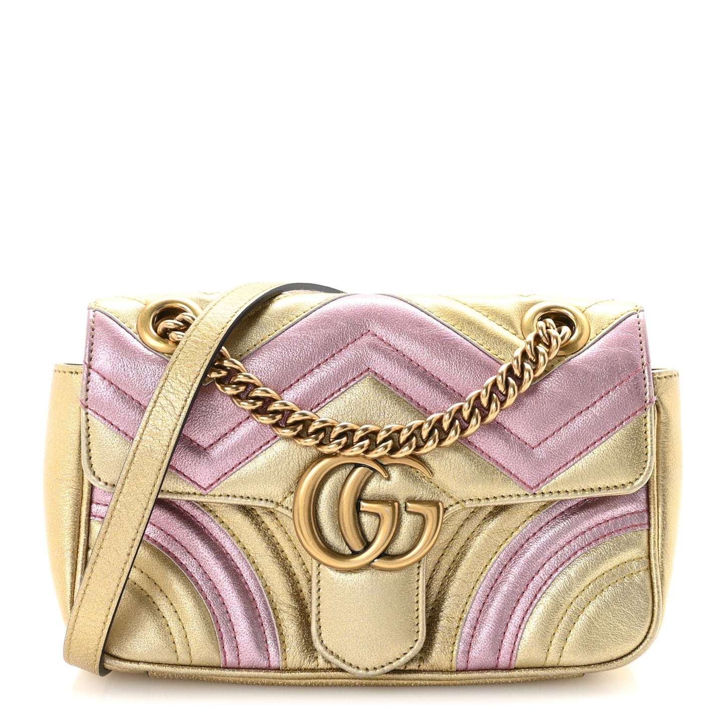 Metallic Calfskin Matelasse Mini GG Marmont Shoulder Bag Gold Pink