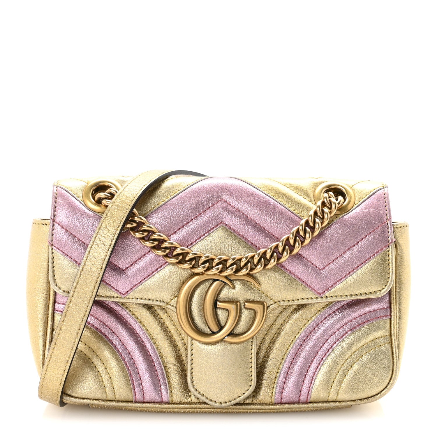 Gucci Metallic Calfskin Matelasse Mini GG Marmont Shoulder Bag Gold Pink 1 of 10