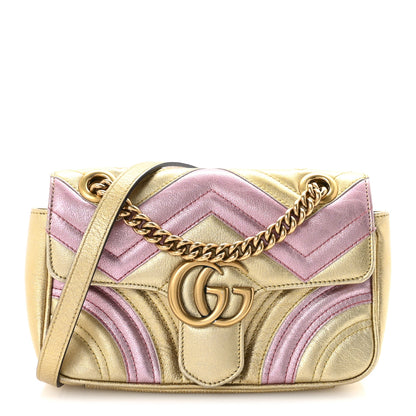 Gucci Metallic Calfskin Matelasse Mini GG Marmont Shoulder Bag Gold Pink 1 of 10