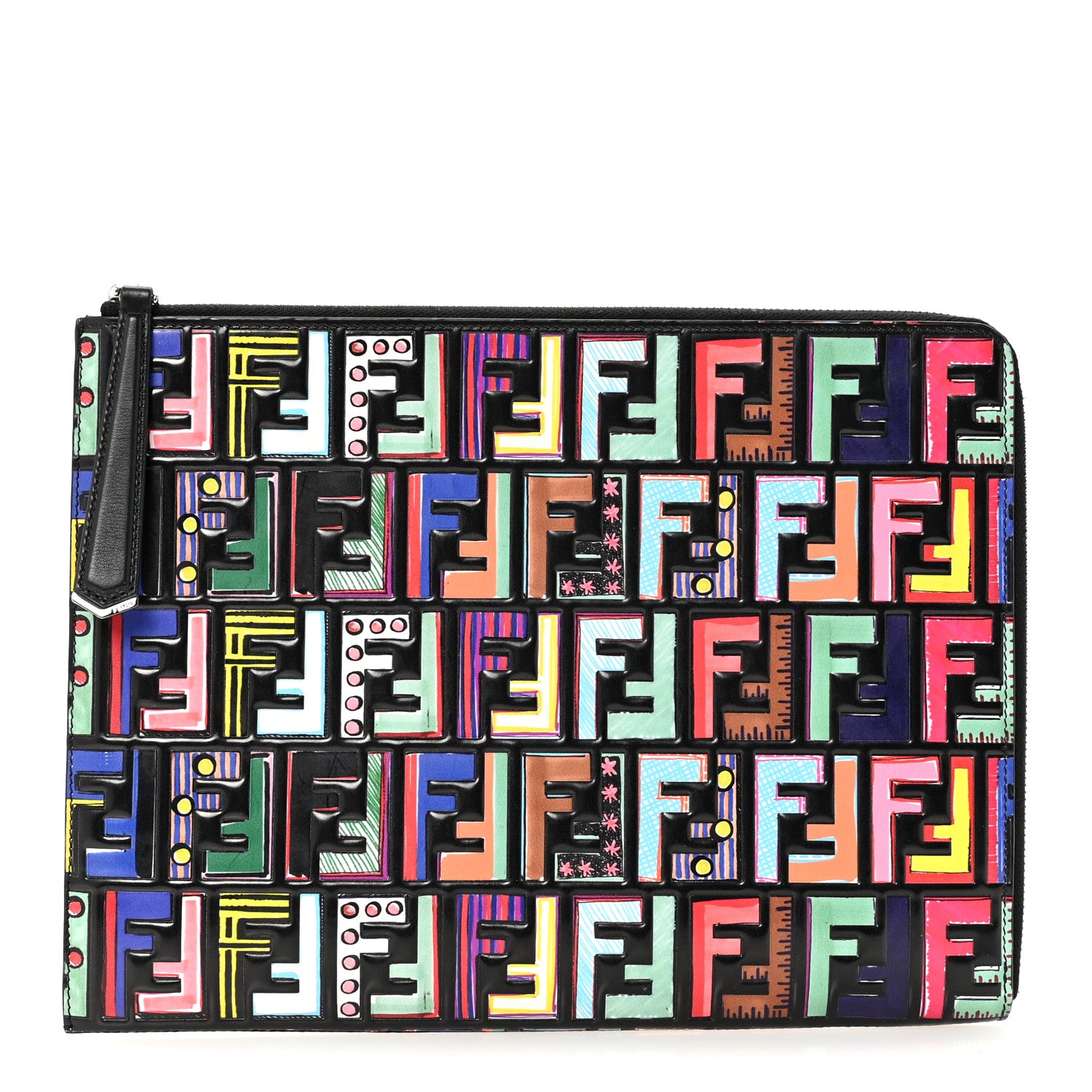 Fendi Vitello Liberty Fun Fair Embossed Flat Pouch Black Multicolor ...