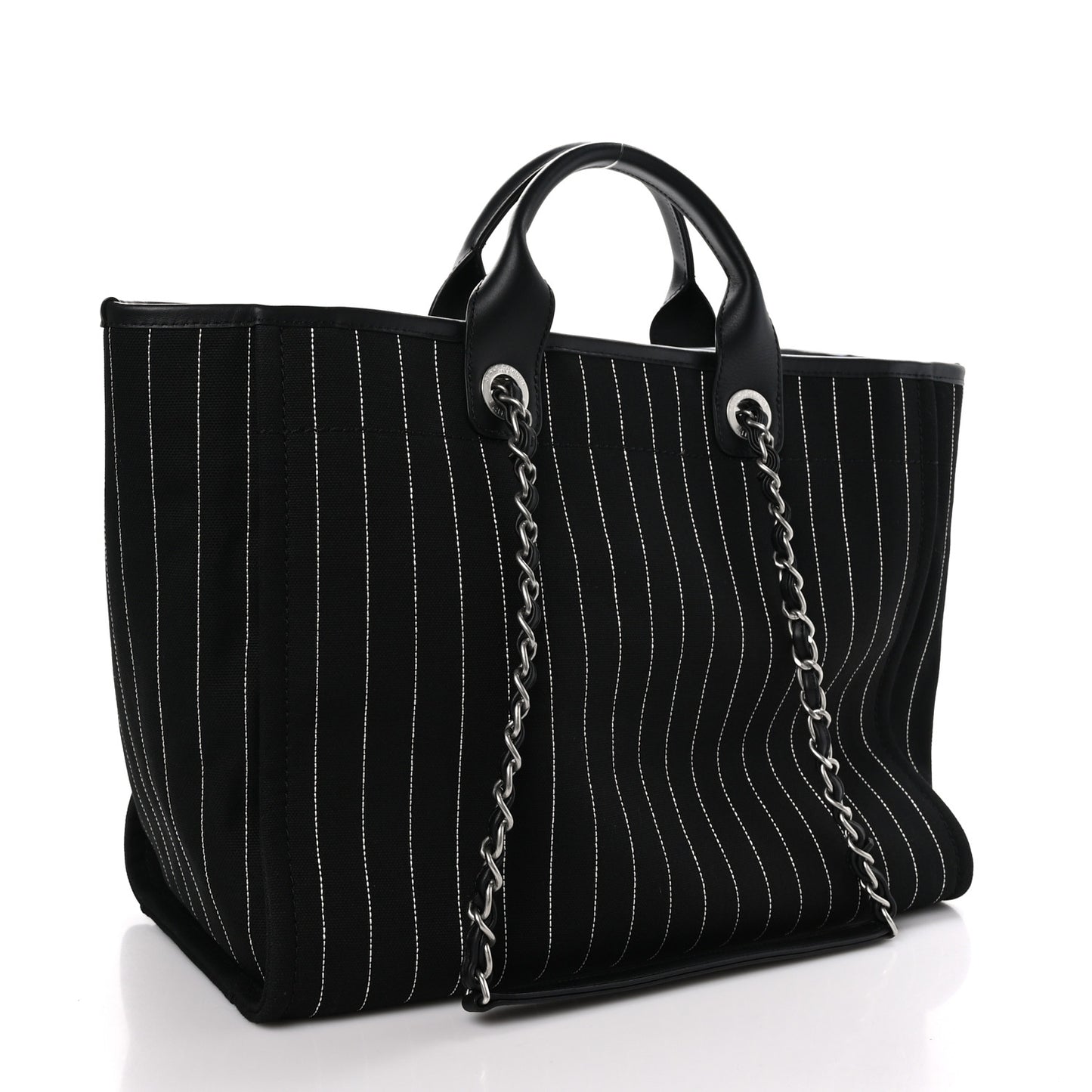 Canvas Calfskin Striped Medium Deauville Tote Black White