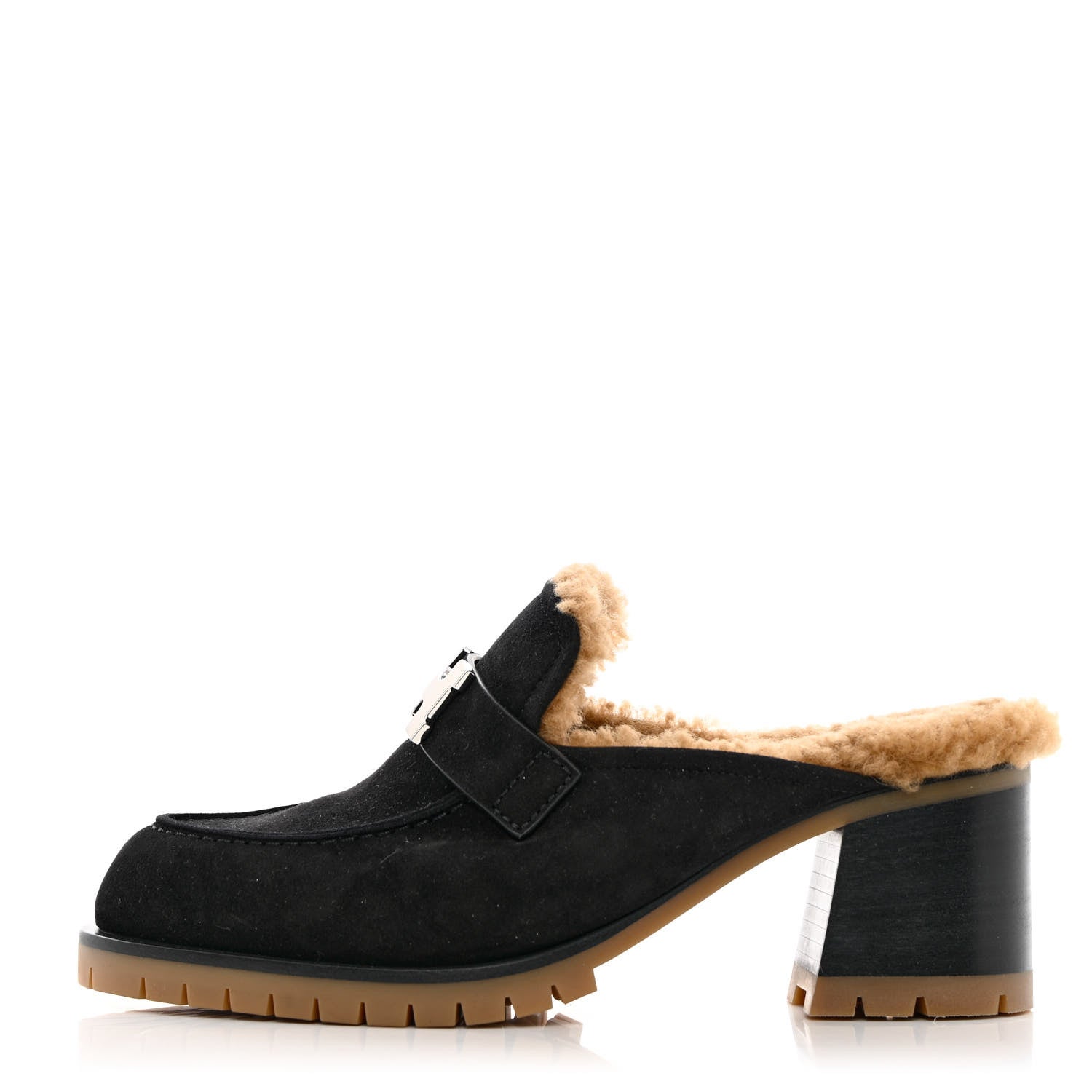 Hermes Suede Goatskin Woolskin Flore 60 Mules 37 Black Camel 1 of 8