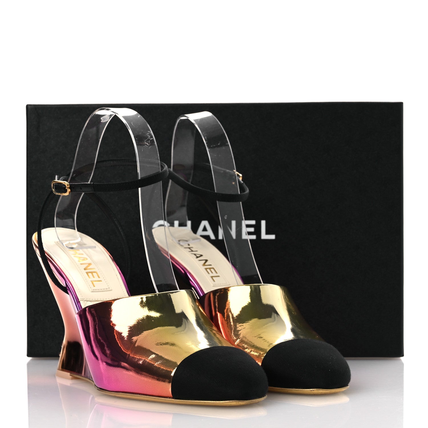 Chanel Laminated Calfskin Grosgrain Cap Toe CC Wedge Pumps 39 Pink Orange Yellow Black 13 of 13