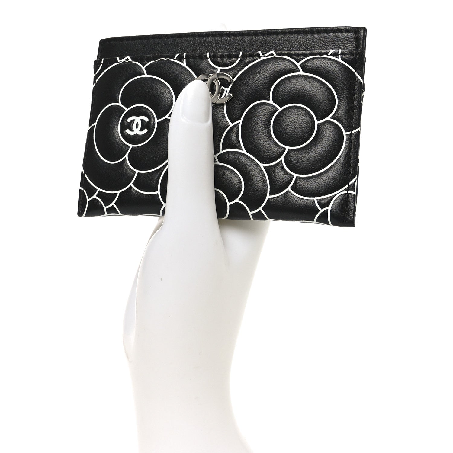 Chanel Lambskin Camellia Embossed Card Holder Black White 2 of 9