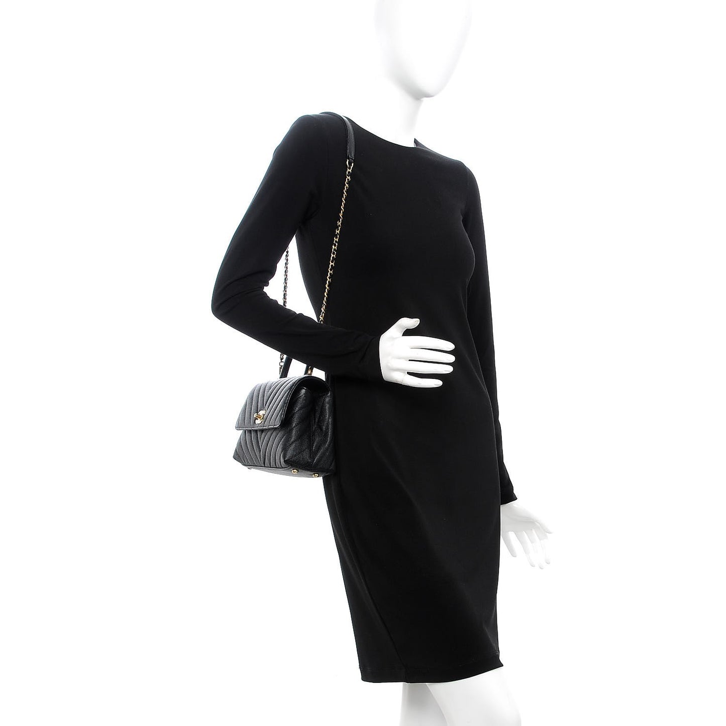 Caviar Chevron Quilted Mini Coco Handle Flap Black