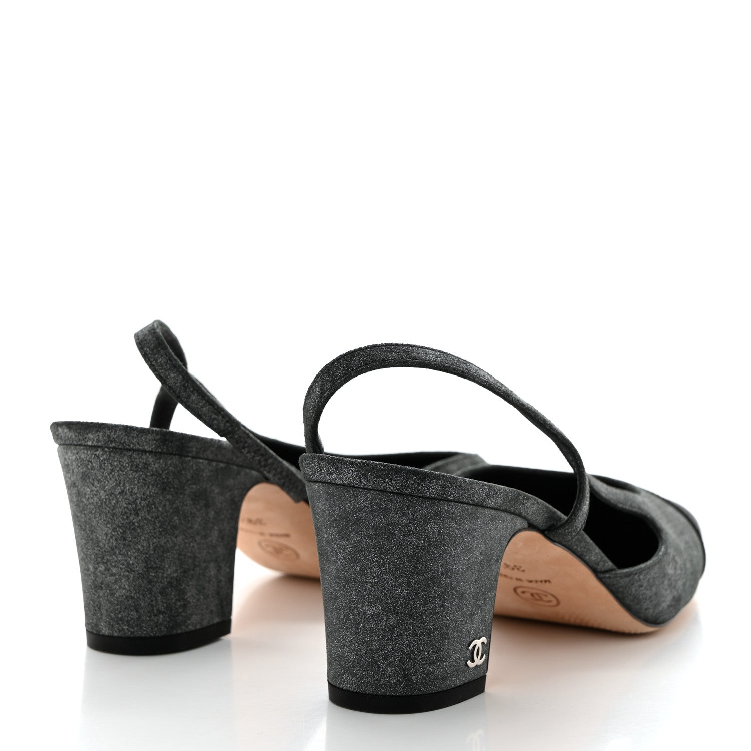 Chanel Wool Velvet Cap Toe CC Slingback Pumps 39.5 Black Grey 4 of 8