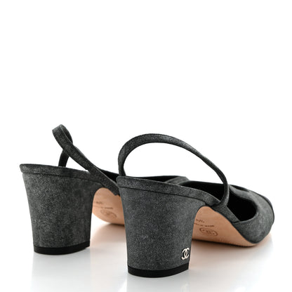 Chanel Wool Velvet Cap Toe CC Slingback Pumps 39.5 Black Grey 4 of 8