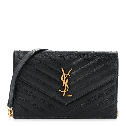 Saint Laurent Grain De Poudre Matelasse Chevron Monogram Envelope Chain Wallet Black 1 of 12