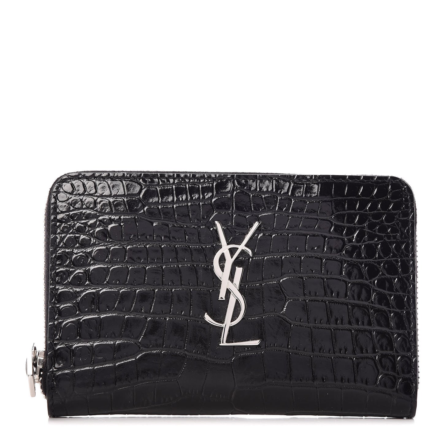 Calfskin Crocodile Embossed Monogram Zip Around Wallet Black