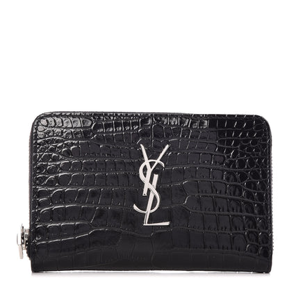 Saint Laurent Calfskin Crocodile Embossed Monogram Zip Around Wallet Black 1 of 11