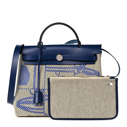 Hermes Vache Hunter Toile H Brides de Gala Herbag Zip Retourne 31 PM Bleu De France Ecru Black 1 of 18
