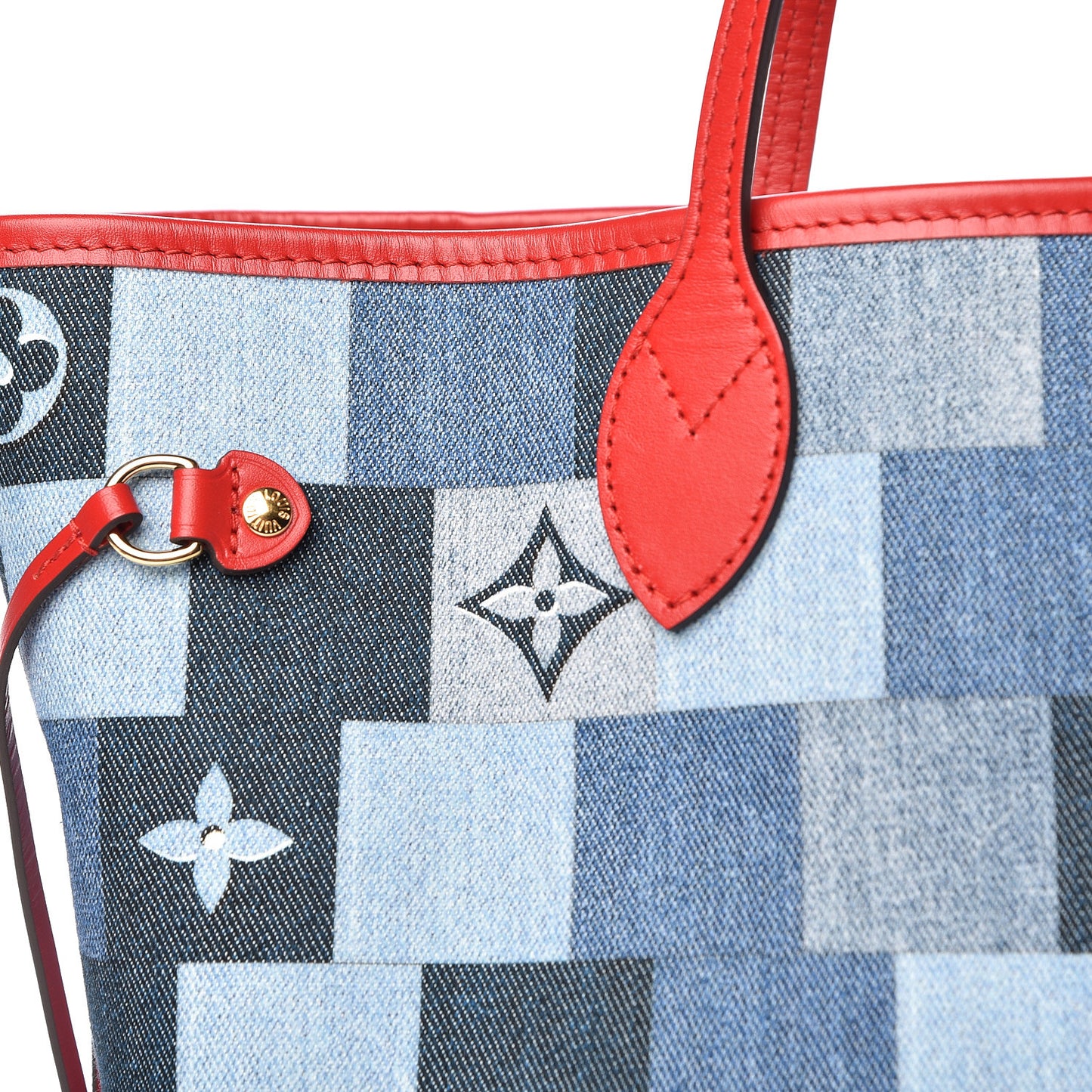 Denim Damier Monogram Patchwork Neverfull Blue Rouge