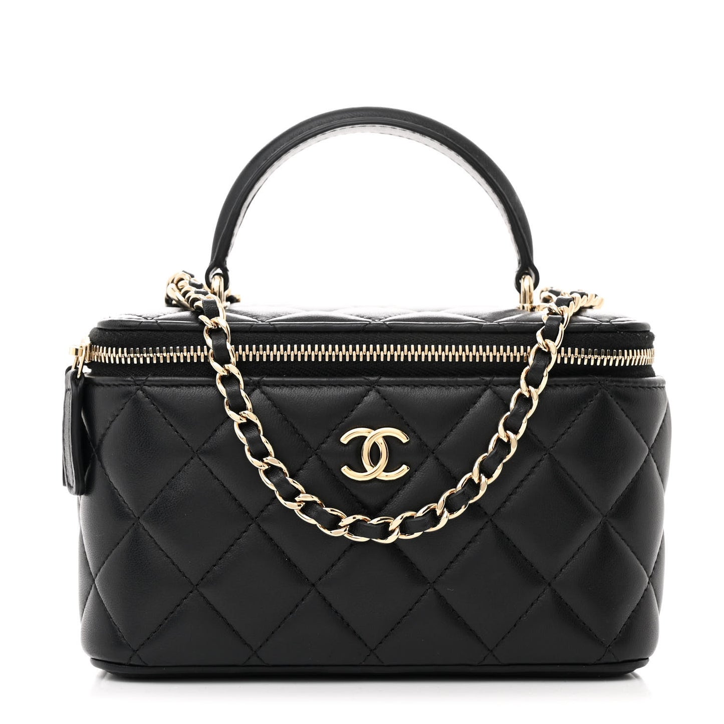 Lambskin Quilted Small Top Handle Vanity Case With Chain Black