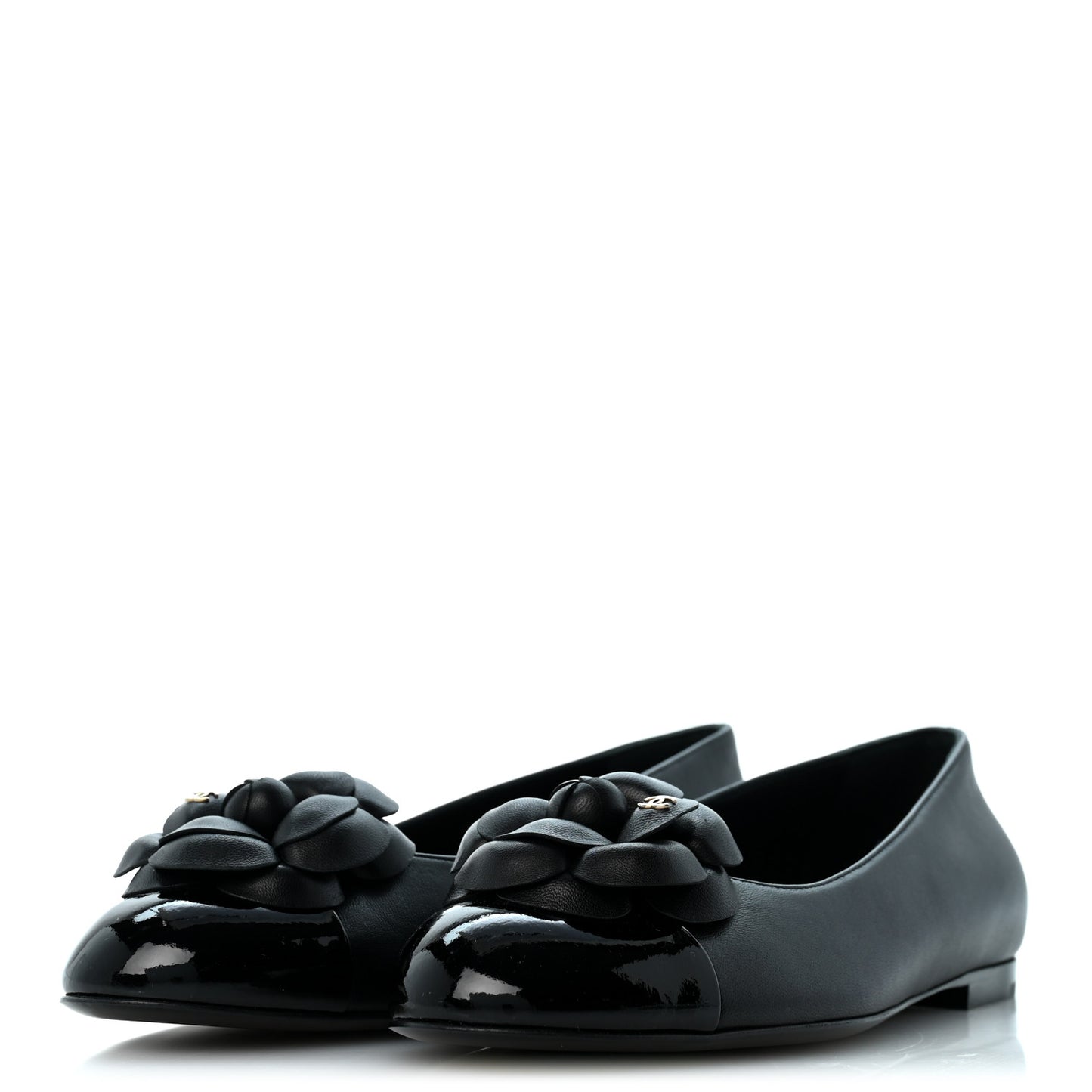 Lambskin Patent Cap Toe Camellia Ballerina Flats 38.5 Black
